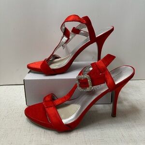 Martinez Valero Scarlet Satin Heels with Sparkling Buckle